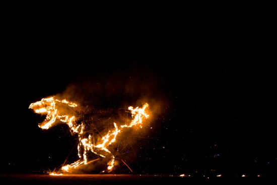 Burning Dinosaur Burning art installation from AfrikaBurn 2012. Photographed by Jonx Pillemer